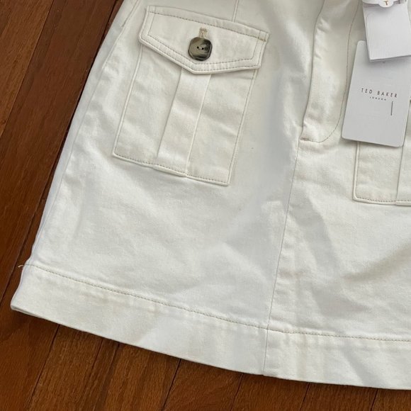 New Ted Baker Cream Eriike Utility Denim Mini Skirt with Front Pockets Size 2 - Picture 9 of 16